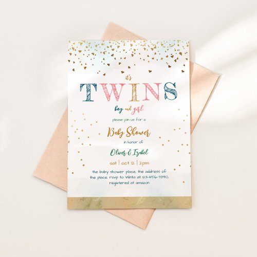 Boy And Girl Twins Gold Glitter Simple Baby Shower Invitation
