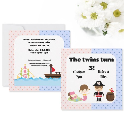 Boy and girl twins mermaid pirate birthday invitation