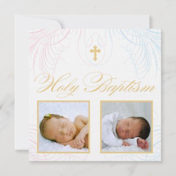 Boy And Girl Twins Photo Baptism Invitation by OrangeOstrichDesigns at Zazzle