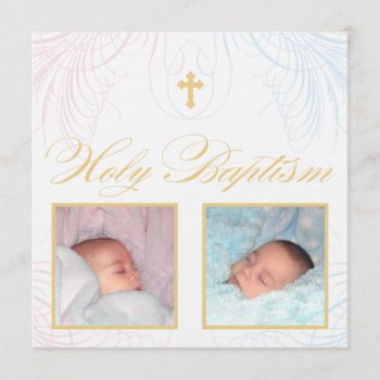 Boy And Girl Twins Photo Baptism Invitation by OrangeOstrichDesigns at Zazzle