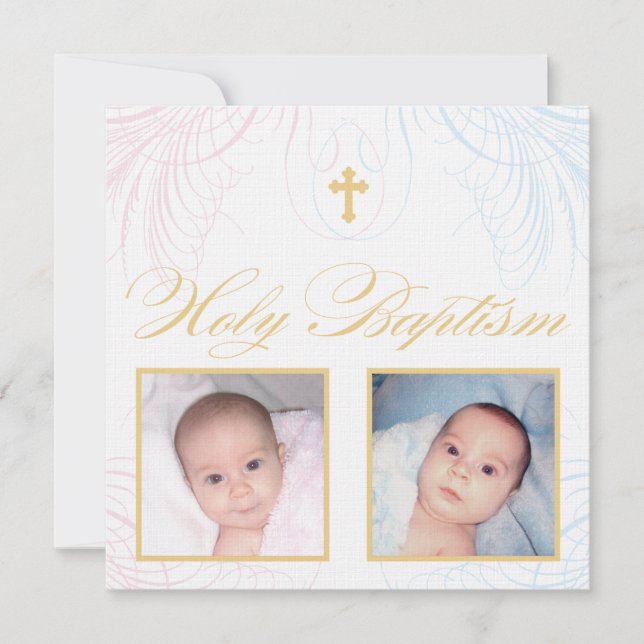 Boy and Girl Twins Photo Baptism Invitation (Front)