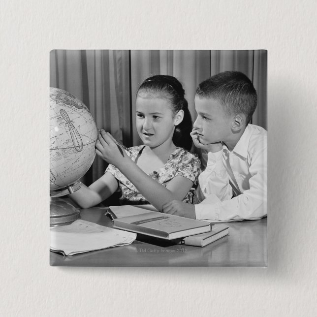 Boy and Girl Viewing Globe Button (Front)