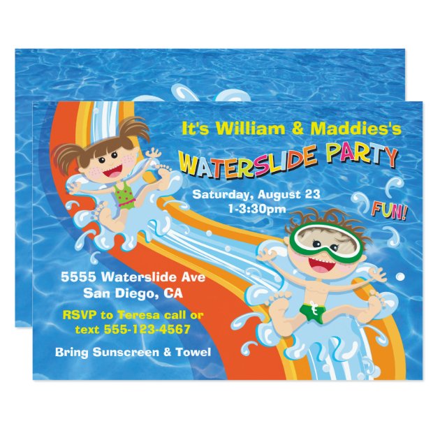 Boy And Girl Waterslide Pool Party Birthday Invite