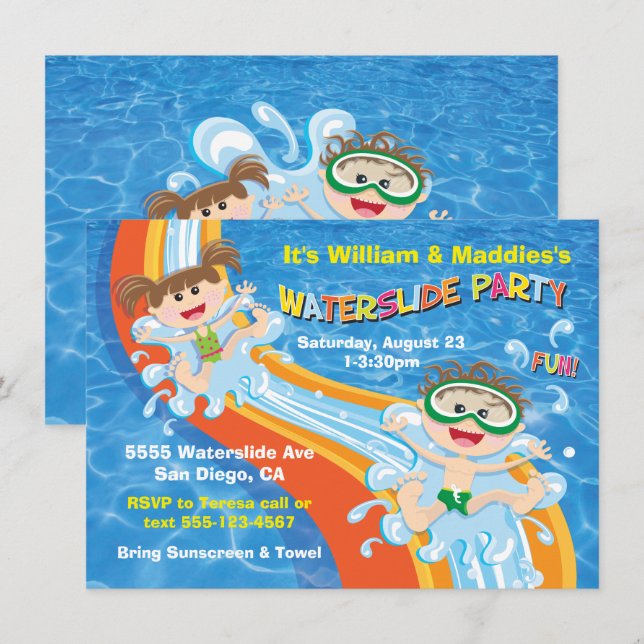 Boy and Girl Waterslide Pool Party Birthday Invite (Front/Back)