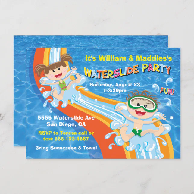 Boy and Girl Waterslide Pool Party Birthday Invite | Zazzle