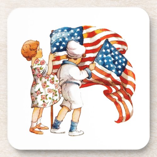 Boy and Girl Waving Flags Beverage Coaster