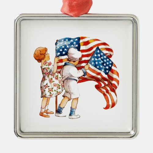 Boy and Girl Waving Flags Metal Ornament