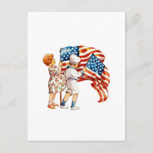 Boy and Girl Waving Flags Postcard