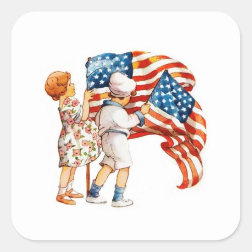 Boy and Girl Waving Flags Square Sticker