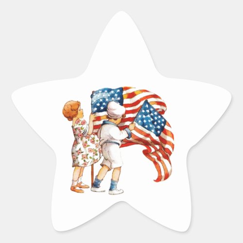 Boy and Girl Waving Flags Star Sticker