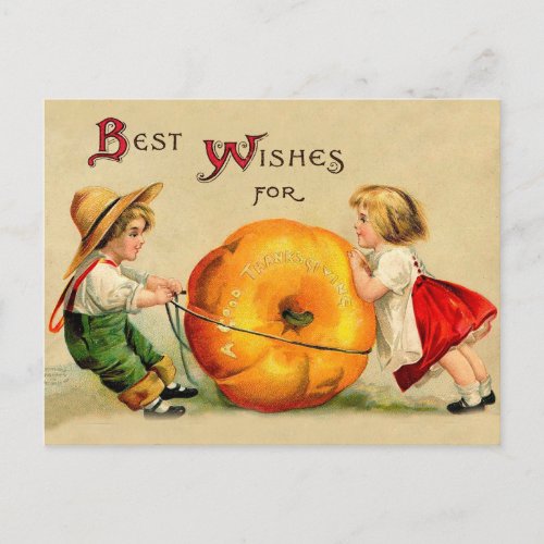 Boy and Girl with Big Thanksgiving Pumpkin Postcard