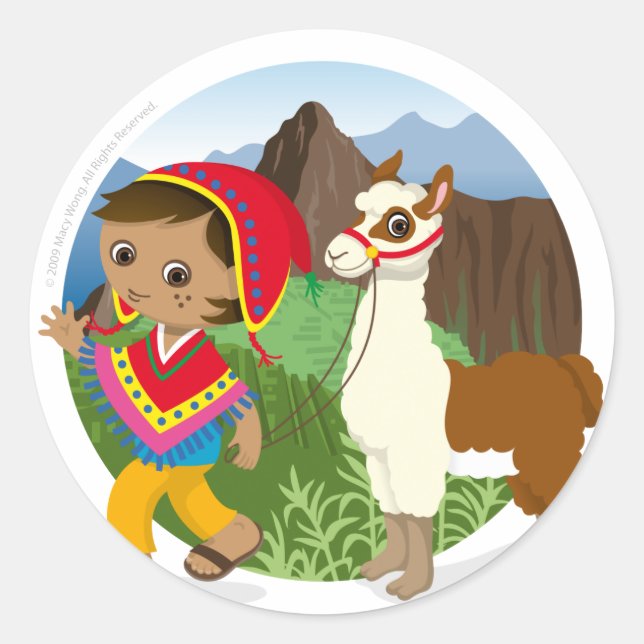 Boy and his llama classic round sticker (Front)