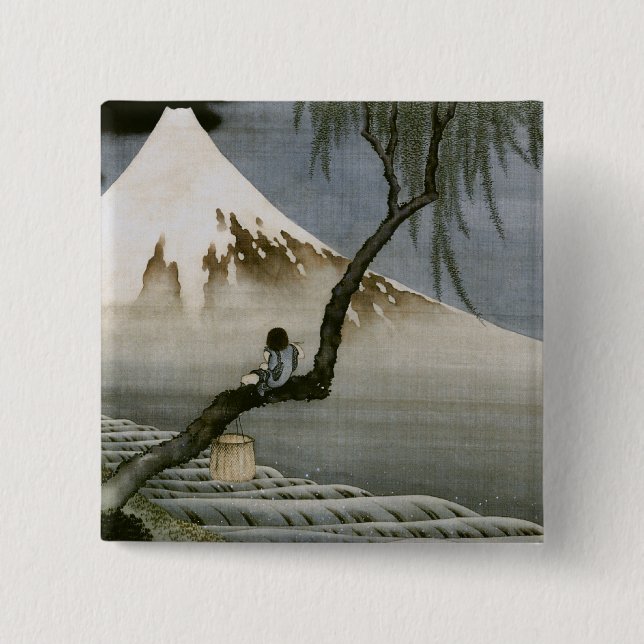 Boy and Mount Fuji Hokusai Japanese Fine Art Pinback Button (Front)