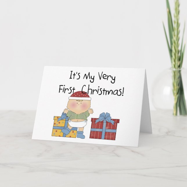 Boy and Presents 1st Christmas Tshirts and Gifts Holiday Card (Front)