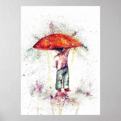 Boy and Umbrella rain watercolour decor