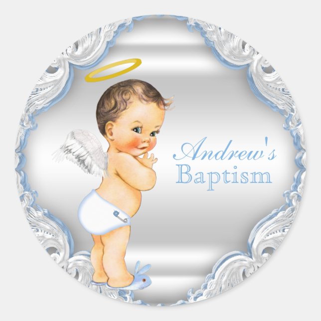 Boy Angel Baptism Christening Classic Round Sticker (Front)