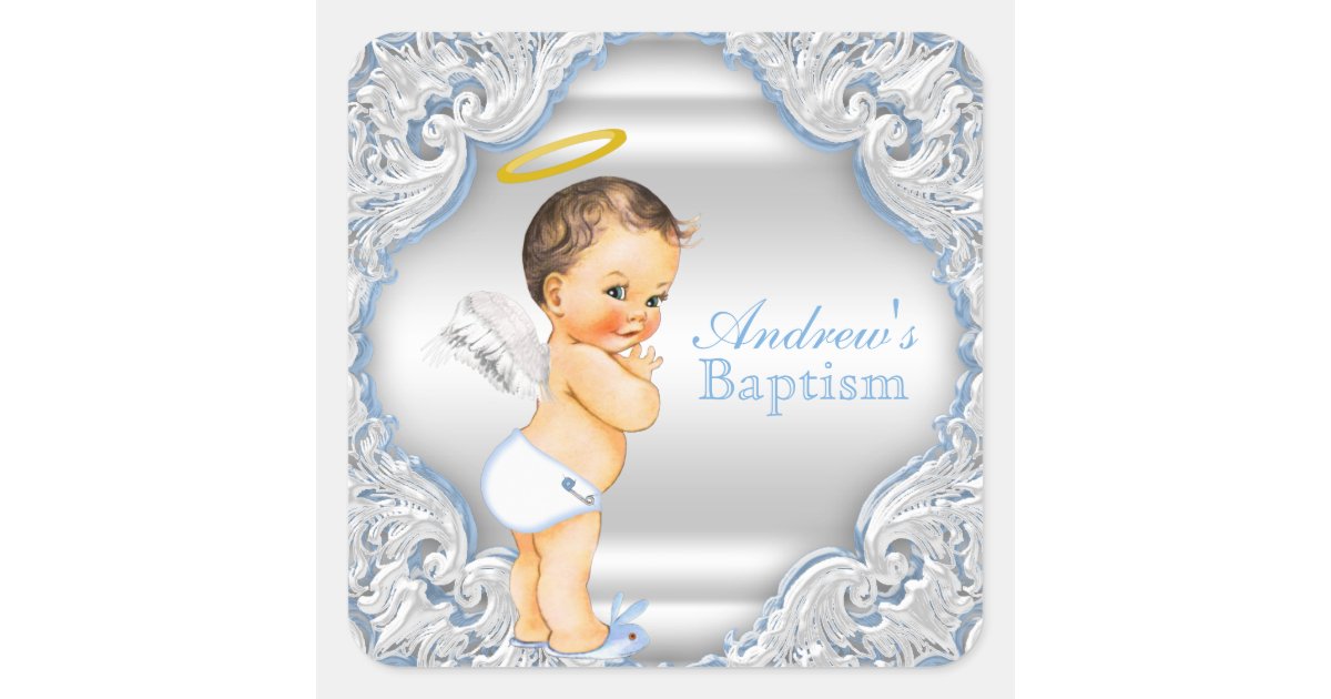 Boy Angel Baptism Christening Square Sticker | Zazzle