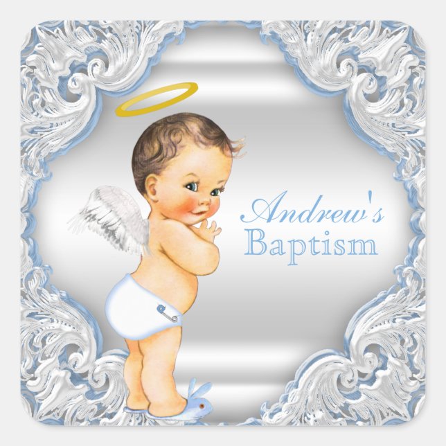 Boy Angel Baptism Christening Square Sticker (Front)