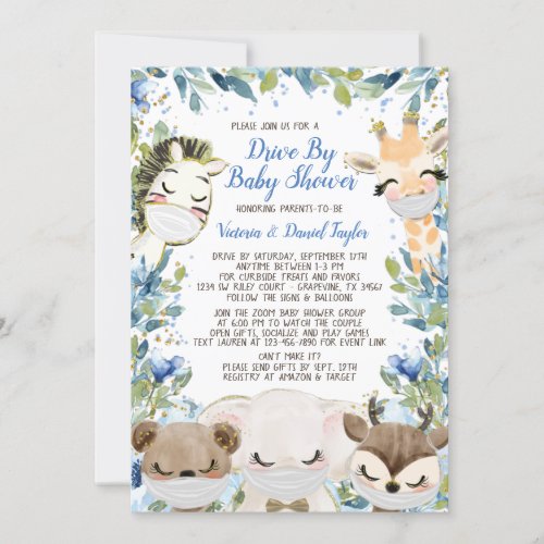 Boy Animal With Masks Drive By Baby Shower Invitation