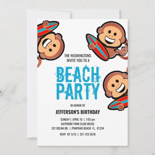 boy ANY AGE surf monkey BEACH PARTY birthday Invitation