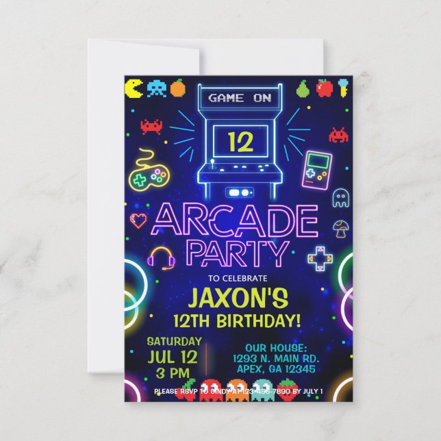 Boy Arcade birthday party, arcade gaming invite. Invitation (Front)