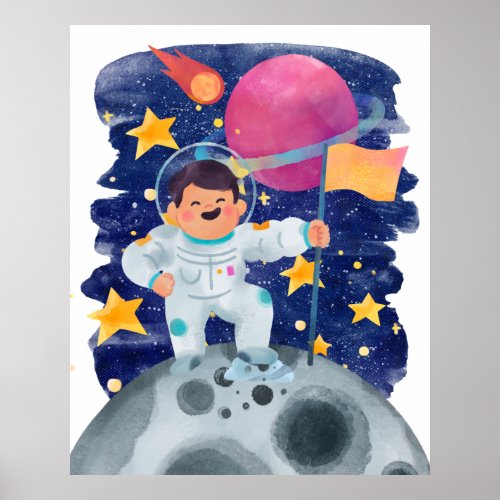 Boy Astronaut First Step Moon Flag Outer Space Poster
