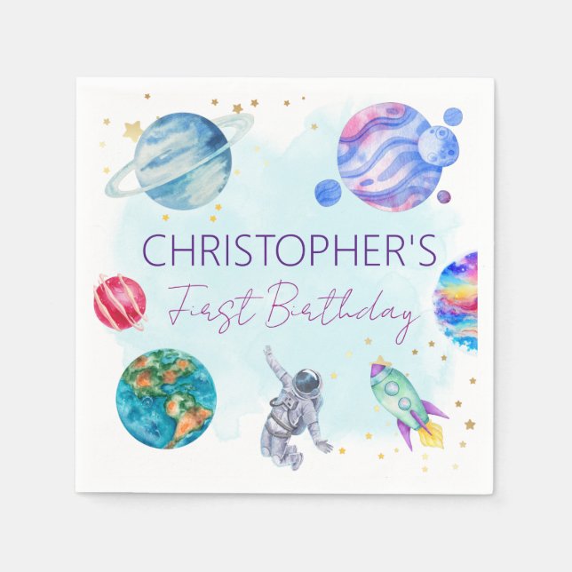 Boy Astronaut Gold Blue Rocket Ship Planet  Napkins (Front)