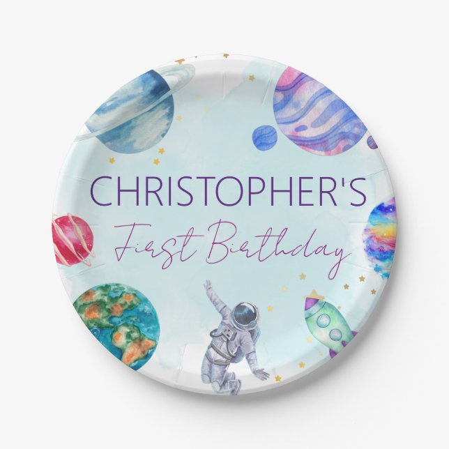 Boy Astronaut Gold Blue Rocket Ship Planet  Paper Plates (Front)