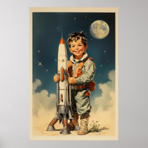 Boy astronaut retro style poster