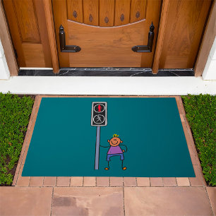 Boy at Pedestrian Crossing with Red Stop Signal Doormat