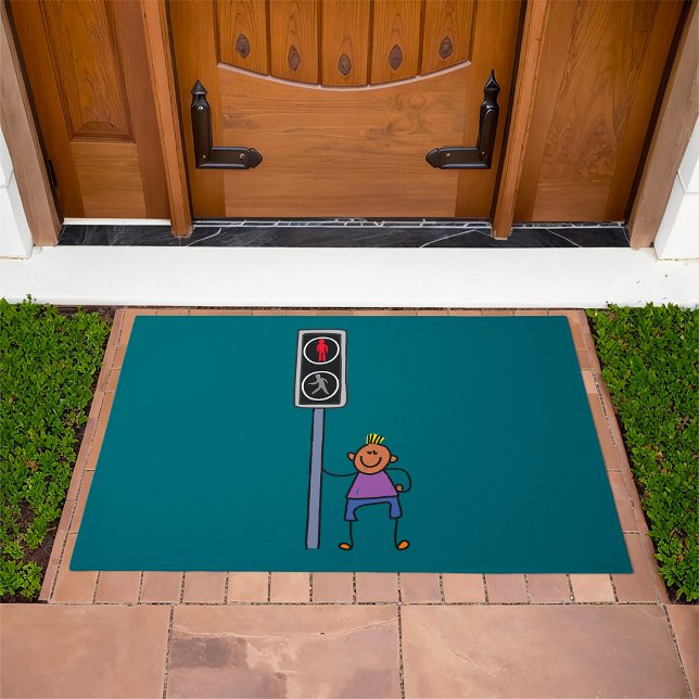 Boy at Pedestrian Crossing with Red Stop Signal Doormat (Creator Uploaded)