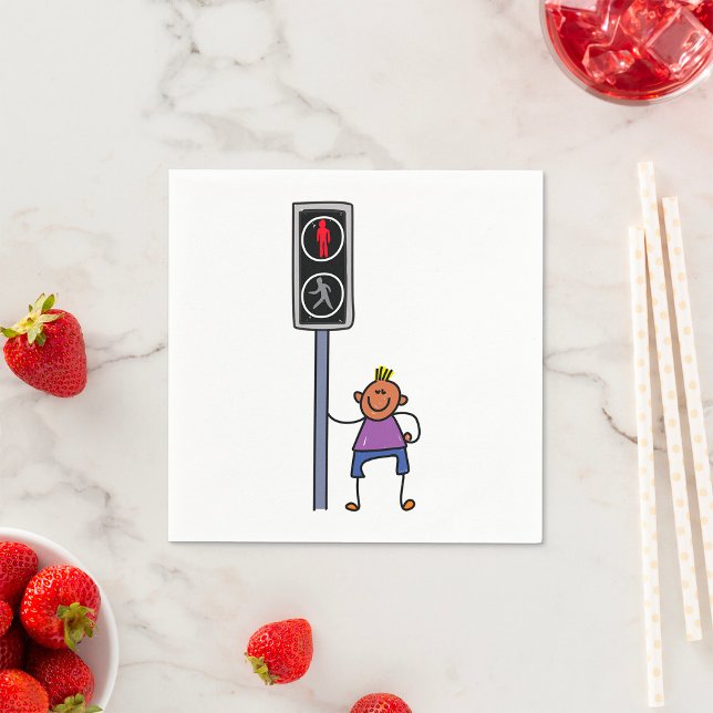 Boy at Pedestrian Crossing with Red Stop Signal Napkins (Creator Uploaded)