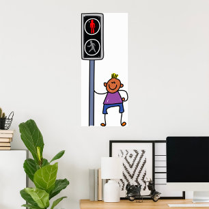 Boy at Pedestrian Crossing with Red Stop Signal Poster
