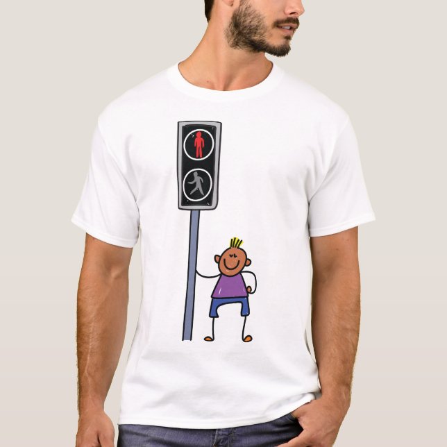 Boy at Pedestrian Crossing with Red Stop Signal T-Shirt (Front)