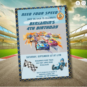 *Boy Auto Car Racing Theme 4th Birthday Party Invitation