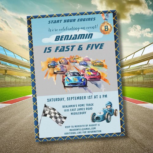 Boy Auto Car Racing Theme 5th Birthday Party Invitation