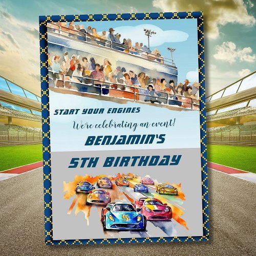 Boy Auto Car Racing Theme 5th Birthday Party Invitation