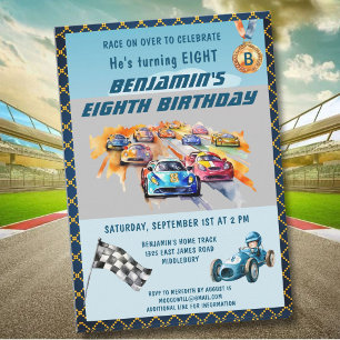 *Boy Auto Car Racing Theme 8th Birthday Party Invitation