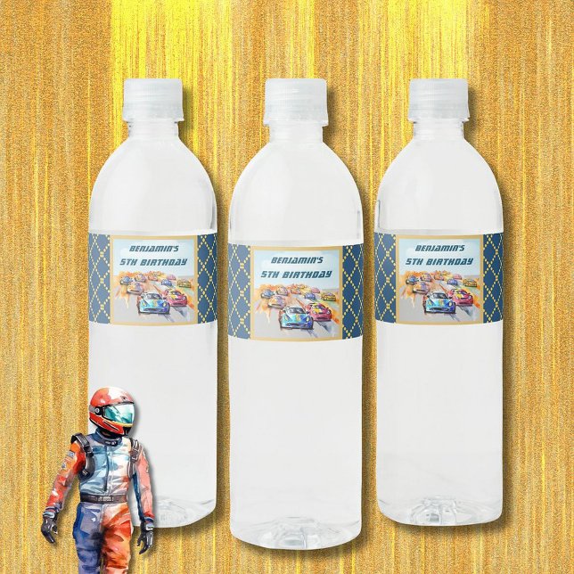 Boy Auto Racing Theme 5th Birthday Party Water Bottle Label (Creator Uploaded)
