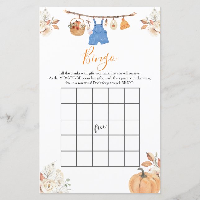 Boy Autumn Clothes Pumpkin Fall Baby Shower Bingo (Front)