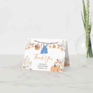 Boy Autumn Clothes Pumpkin Fall Baby Shower Folded Letterpress Thank You Card
