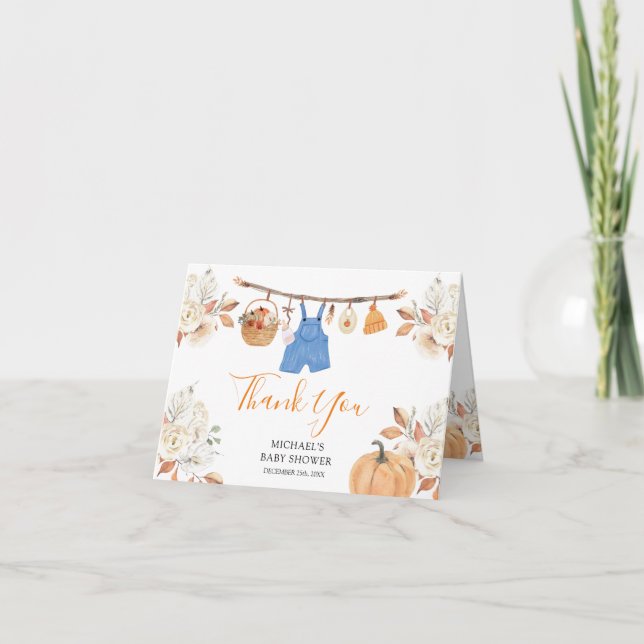 Boy Autumn Clothes Pumpkin Fall Baby Shower Folded Thank You Card (Front)