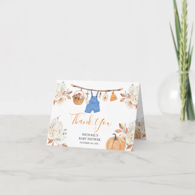 Boy Autumn Clothes Pumpkin Fall Baby Shower Folded Thank You Card | Zazzle