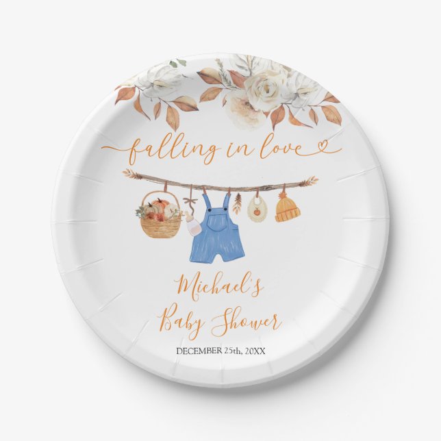 Boy Autumn Clothes Pumpkin Fall Baby Shower Paper Plates (Front)