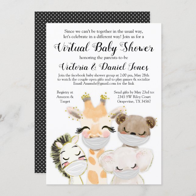 Boy Baby Animals Mask Covid Drive By Baby Shower Invitation (Front/Back)
