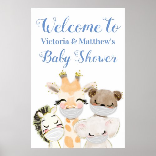 Boy Baby Animals with Masks Covid Baby Shower Sign