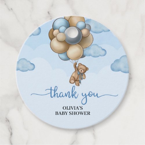 Boy baby bear blue brown balloons baby shower favor tags