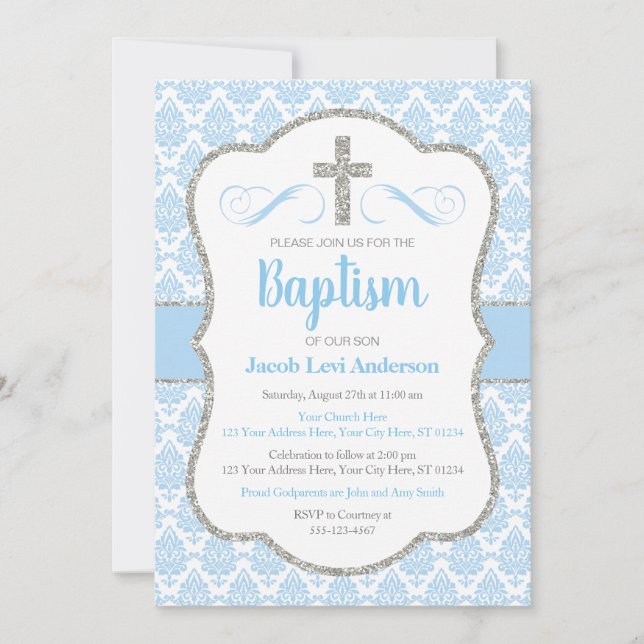 Boy Baby Blue and Silver Damask Baptism Invitation (Front)