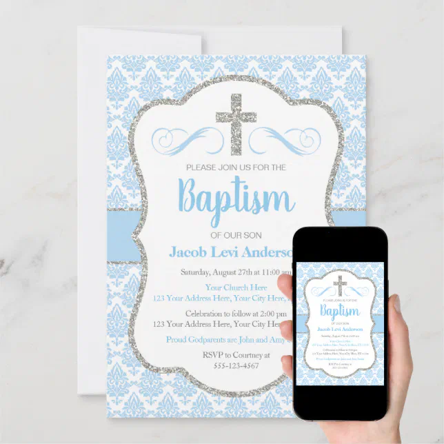 Boy Baby Blue and Silver Damask Baptism Invitation | Zazzle