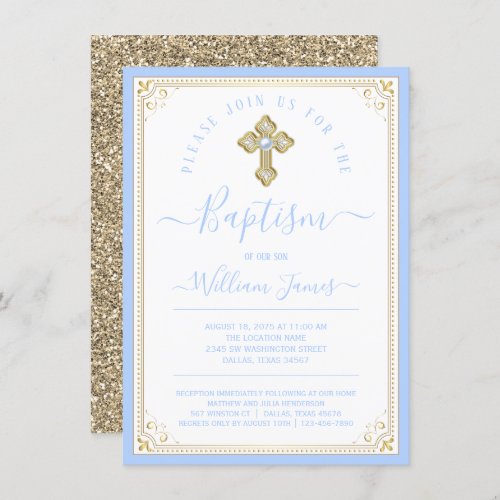 Boy Baby Blue Light Gold Elegant Baptism Invitation